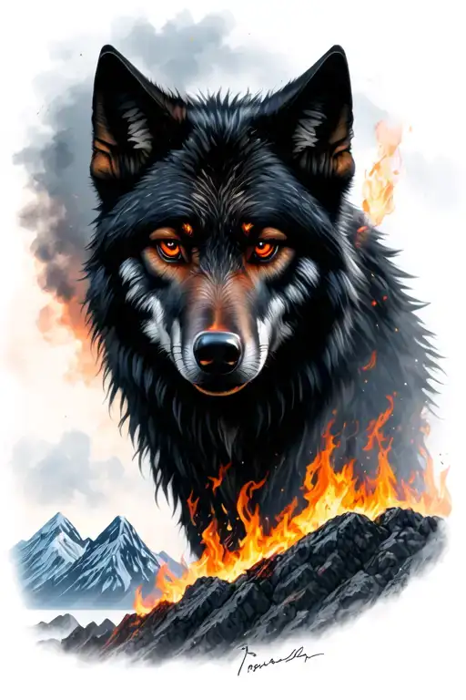 Black Wolf With Red Eyes Surrounded By Mountains And Fire And Embers In The Air