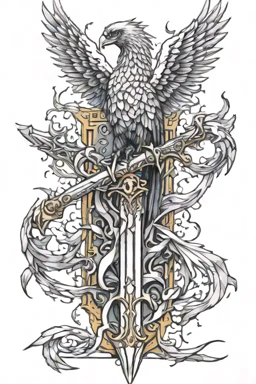 Shattered Sword With Pheonix Perched At Hilt With Tail Feather Holding Pieces In Place