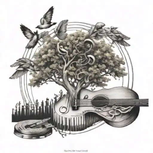 Music And Nature Trees Birds And Guitar Or Piano Keys