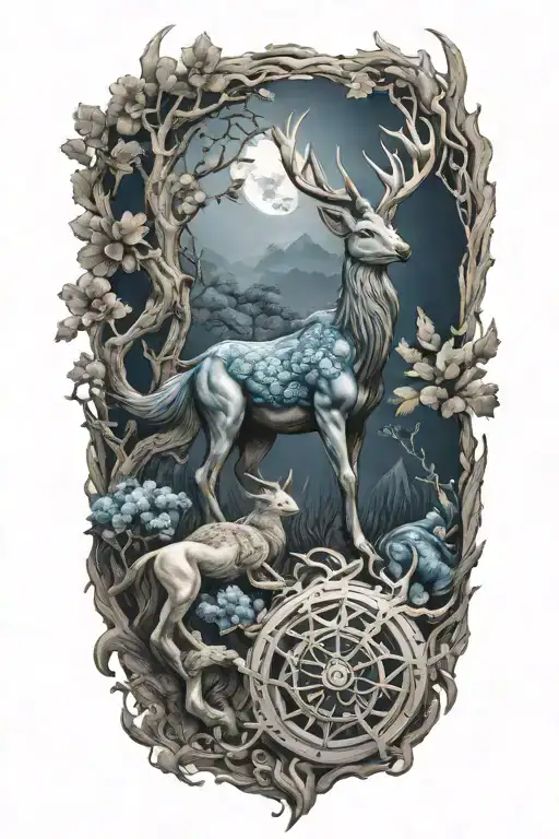Stag And Kirin Blue Dragon Whit Dharma Wheel In Nature