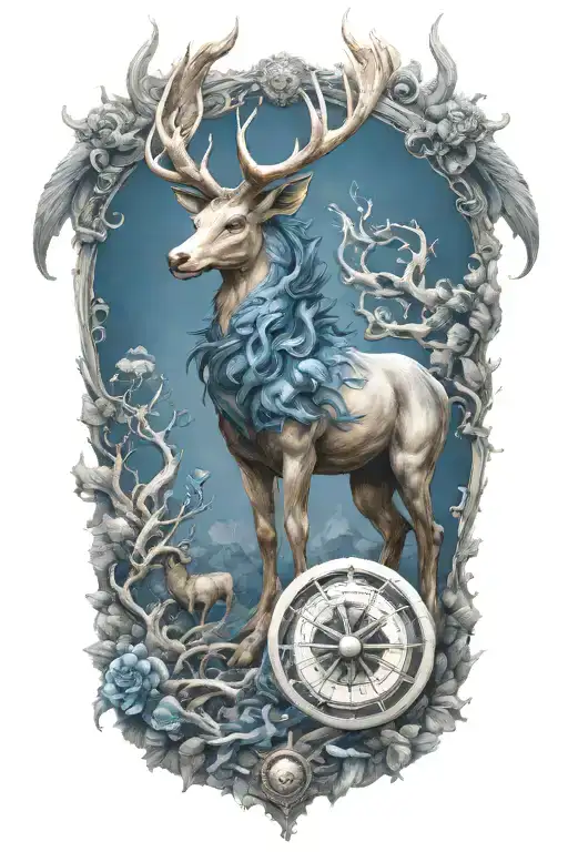 Stag And Kirin Blue Dragon Whit Dharma Wheel In Nature
