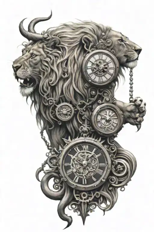 Lion And Clock Mechanism Intertwined