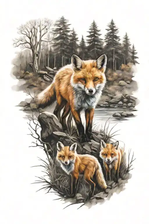 Fox With Cubs Walking In The Forest