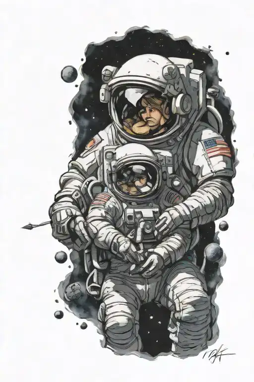 Male Astronaut Hugging Female Astronaut In Space Surrounded