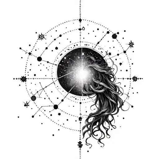 A Virgo Constellation Tattoo With Intricate Dotwork Details And Past Life Imagery