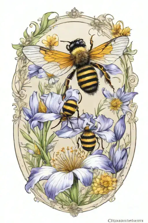 Iris And Dandelion In A Circle With A Bee