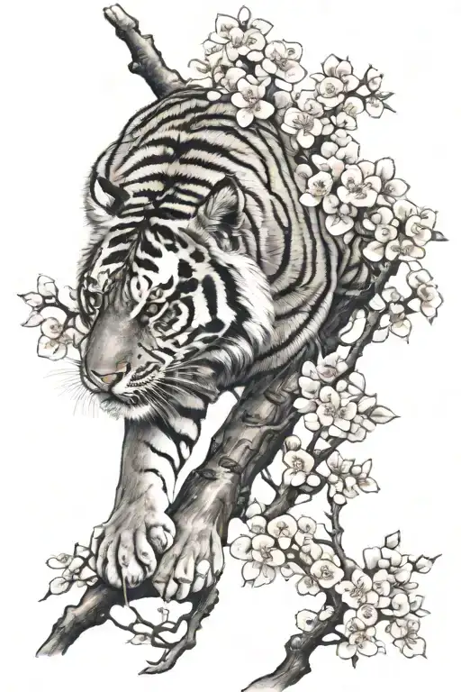 Tiger Crawling Down Cherry Blossom Tree