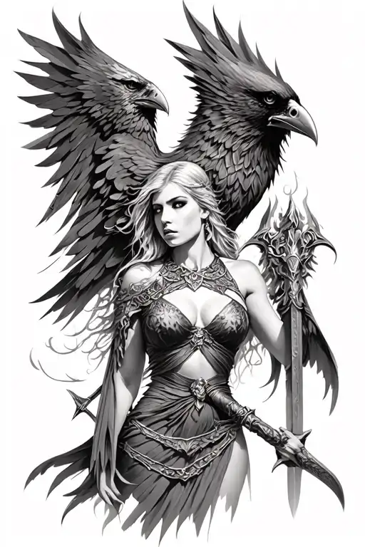 Morrigan Goddess Of War With Raven Greyscale
