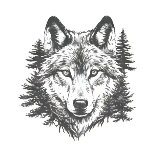 Pine Trees And Wolf Face