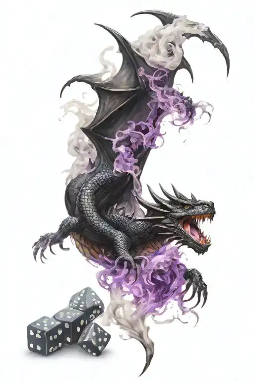 Black Dragon Behind Dm Screen With Claw Full Of Dice And Purple Smoke