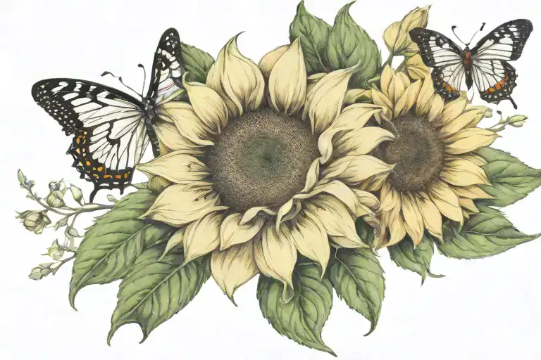 January Birth Flower Intertwined With May Birth Flower And A Sunflower With A Butterfly