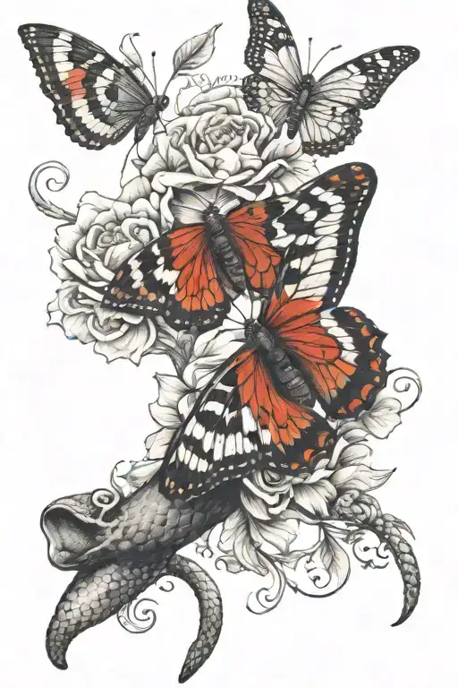 Butterfly On A Flower And A Snake Coiled With Black And Red And Some Tinge Of Different Colours