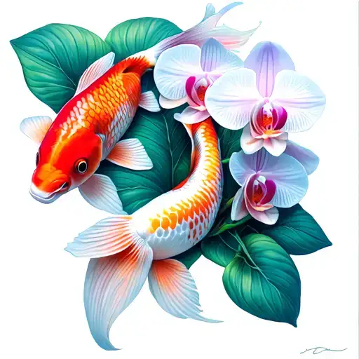 Koi Fish With Orchid Flowers