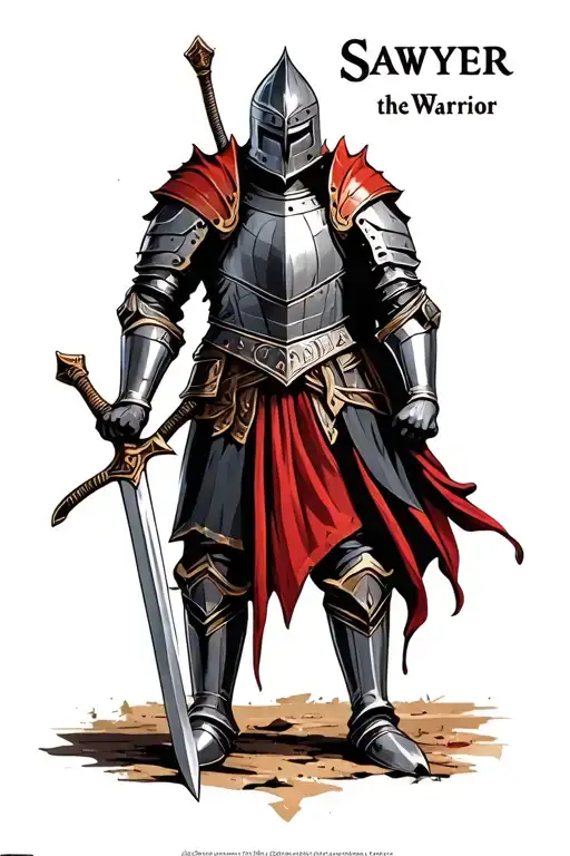 Knight Helmet In Armour Holding A Sword With Text Saying Sawyer The Warrior Overlapping