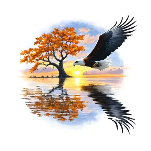 Army Eagle Fall Oak Tree Colored Leaves Sunset Over Lake In Distance