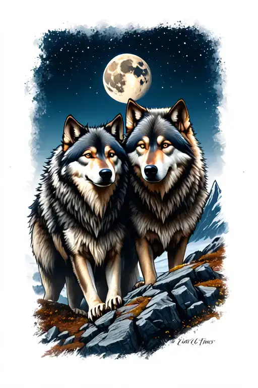 2 Wolf Brothers An Older One On Another In A Rocky Landscape Like A Mountain And A Full Moon Above