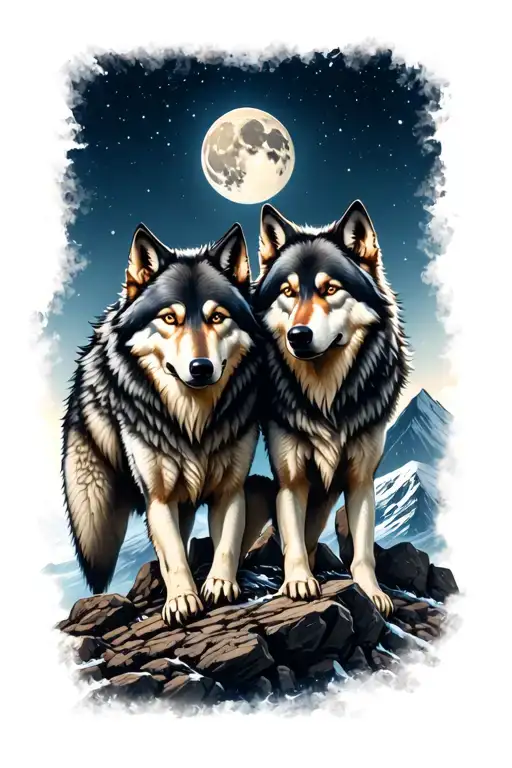 2 Wolf Brothers An Older One On Another In A Rocky Landscape Like A Mountain And A Full Moon Above