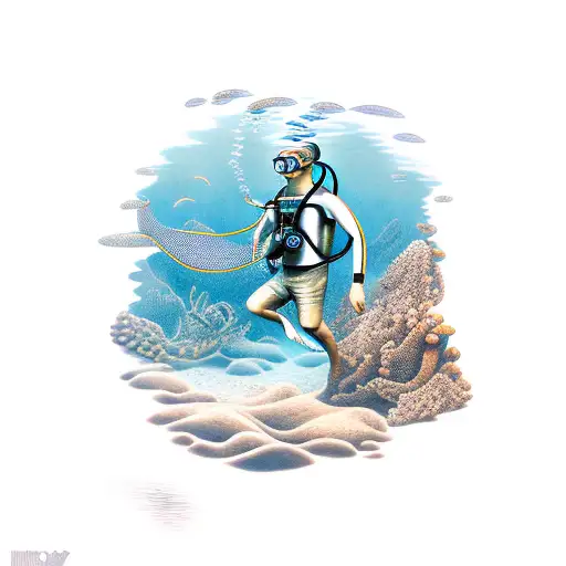 Diver On Underwater Sea And Mountain