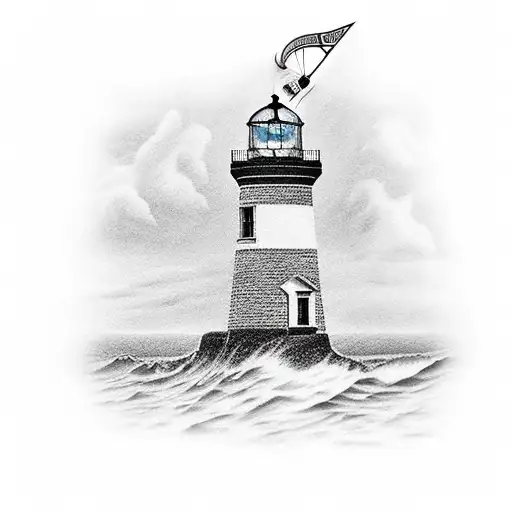 A Lighthouse With A Boat In Front And A Compass At The Back