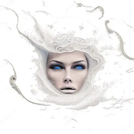 A Realistic Tattoo Of A Model Posing On A Sandy Beach With Waves Crashing In The Background