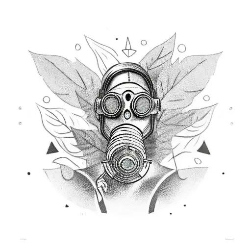 Witchy Woman Holding Gas Mask With Leaves And Close Up Insects In Foreground