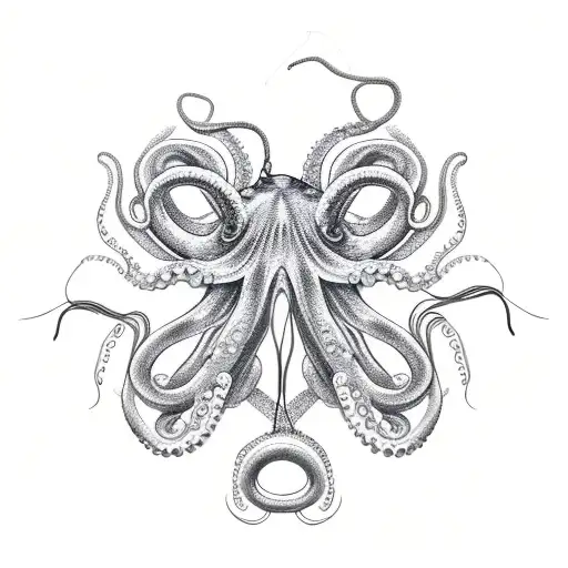 A Realistic Octopus Tangled In Fishing Lines And Hooks