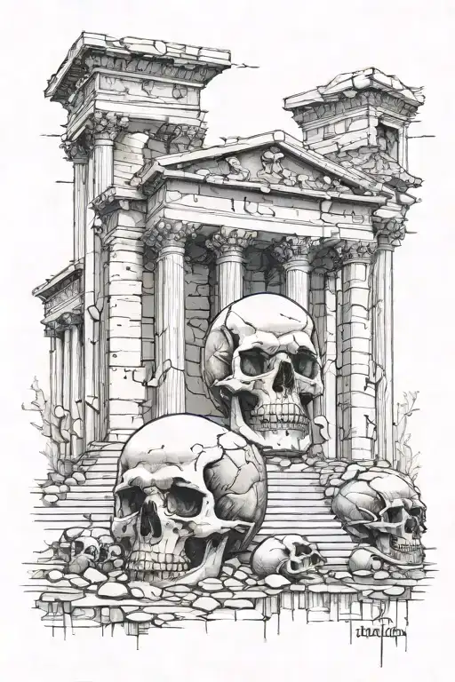 Abandonded Roman Temple With Skulls Representing Dark Periods
