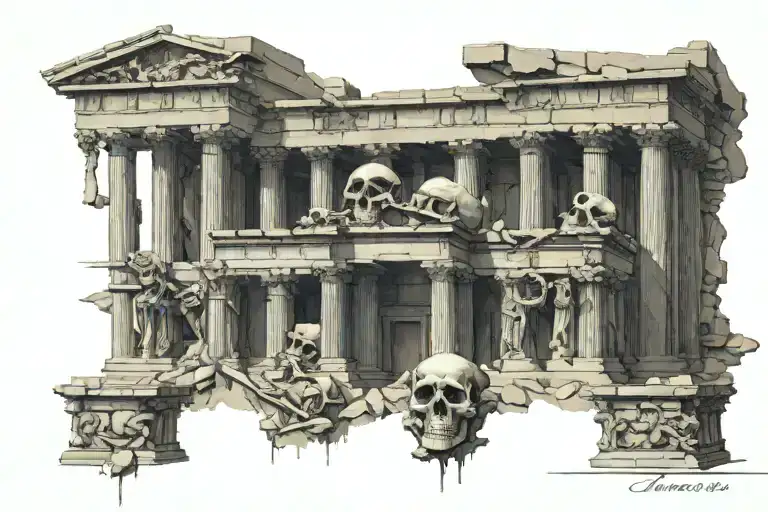 Greek Temple And Skulls Representing Dark Periods