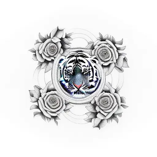 2 Adult Tigers And 2 Baby Tigers Faces In A Circle Of Flowers