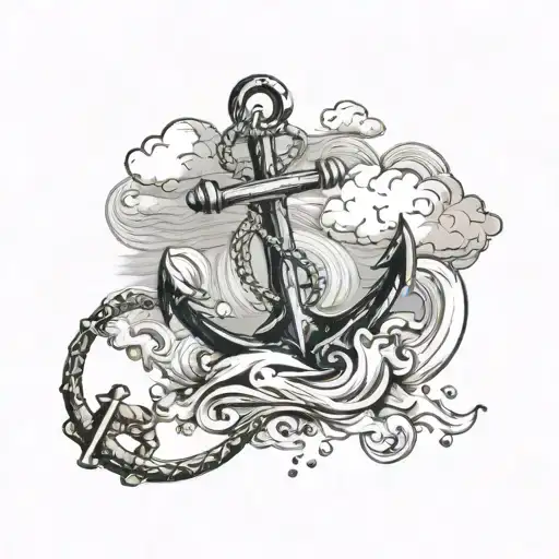 Anchor With Waves Clouds In The Sky
