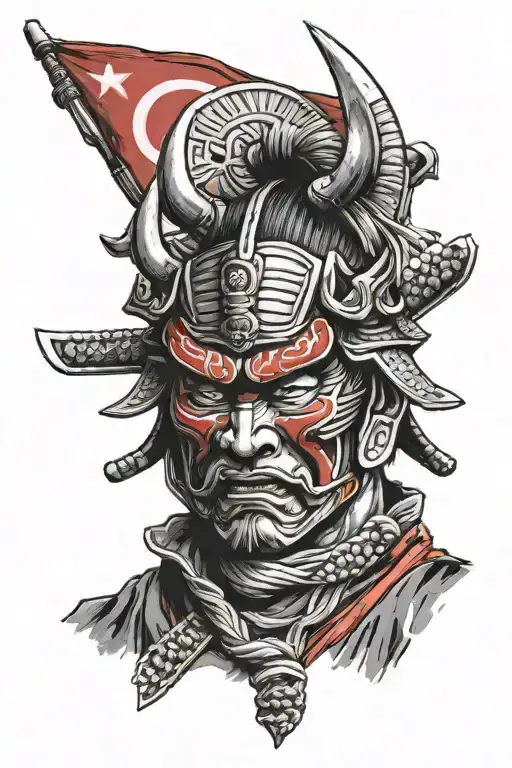 Samurai In Oni Mask Sideways Japan Flag