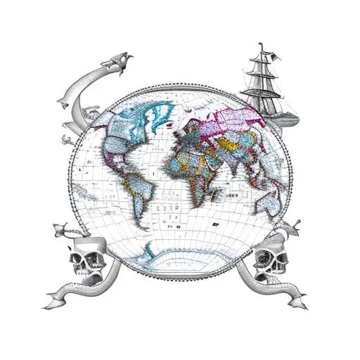 World Map With A Compas Rose And A Pirate Ship