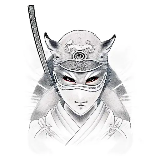 Ninja Young Woman With Katana And Kitsune Mask