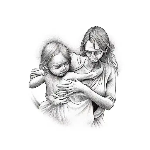 A Minimalist Design Of A Mother Embracing Her Husband And Children