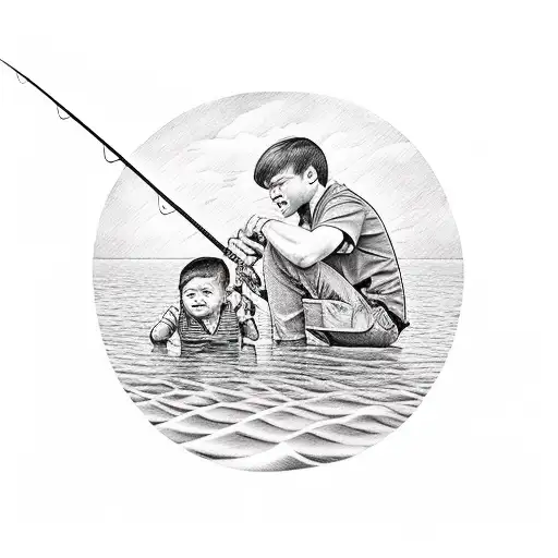 A Boy And His Father Are Sitting By The River And Fishing