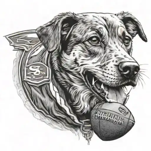 A Realistic Portrait Of A Dog Wearing A San Francisco 49Ers Jersey With A Football In Its Mouth