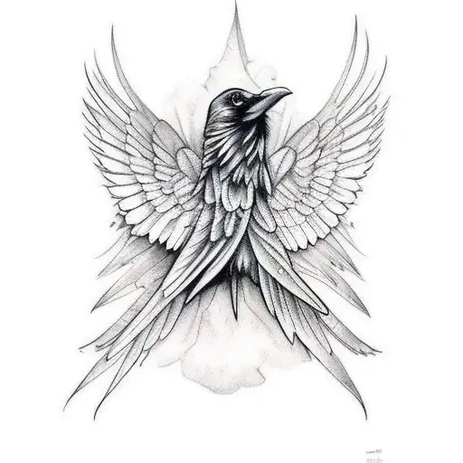 Raven With Spread Wings And Falling Feathers