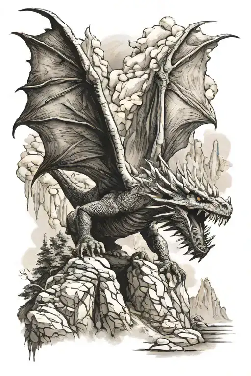 Firebreathing Dragon On Mountain With Cave Entrance