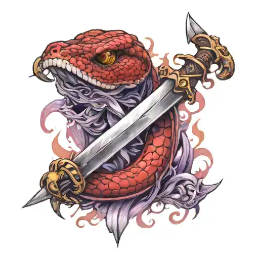 Red Snake Coiled Around A Longsword With Purple Tinted Flames