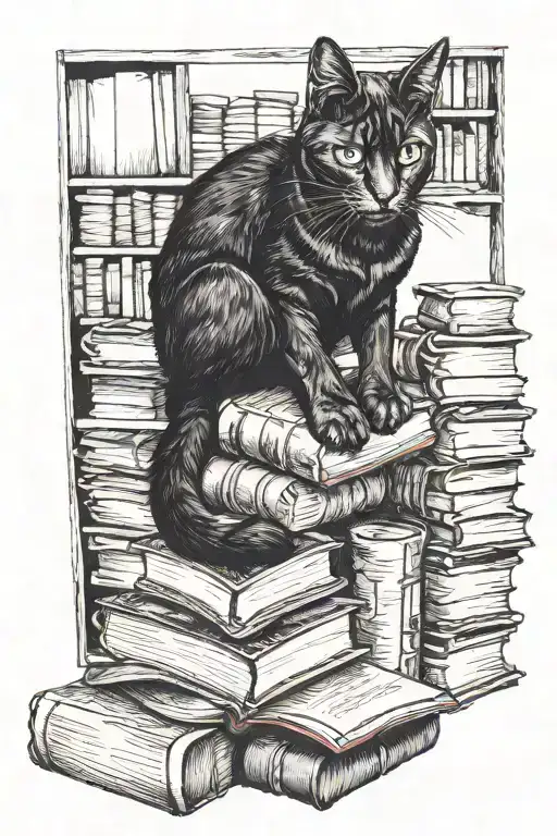 Black Cat Reading A Book On A Bookshelf Filled With Books