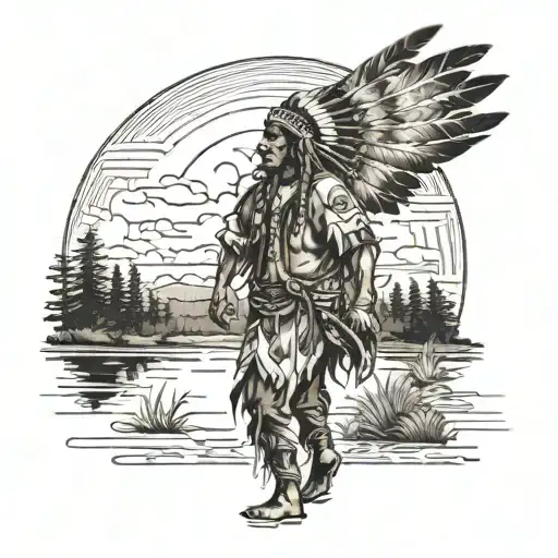 Native American Walking Toward The Sun Over Trees And A Lake