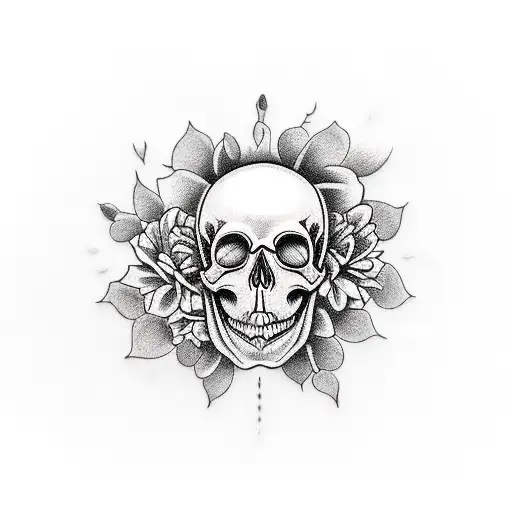 Create A Realistic Tattoo Of A Skull Surrounded By Black Flowers