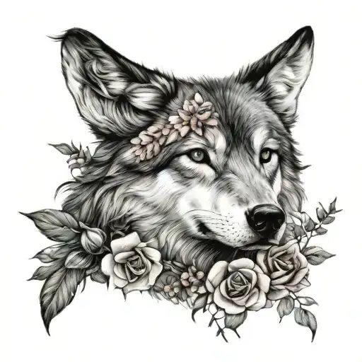 Feminine Wolf Head With Flowers