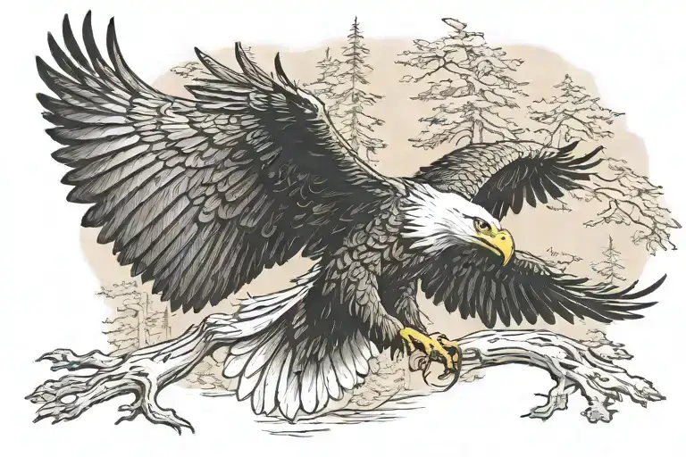 Eagle Flying Carrying A Flag With A Forrest Background
