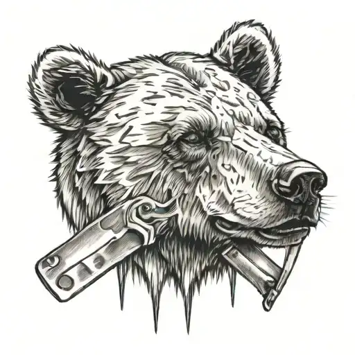 A Bear With Facial Scars With A Lot Of Knives In The Back