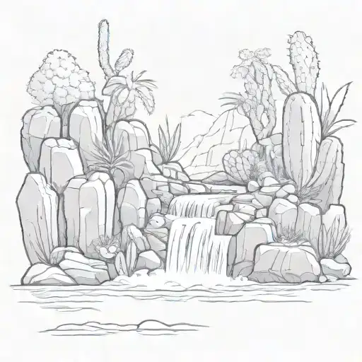 Waterfall With Rocks And Cacti