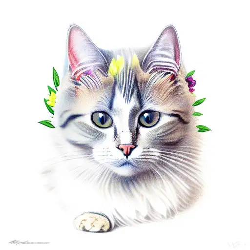 A Realistic Portrait Of Marianne's Beloved Cat Surrounded By Colorful Flowers