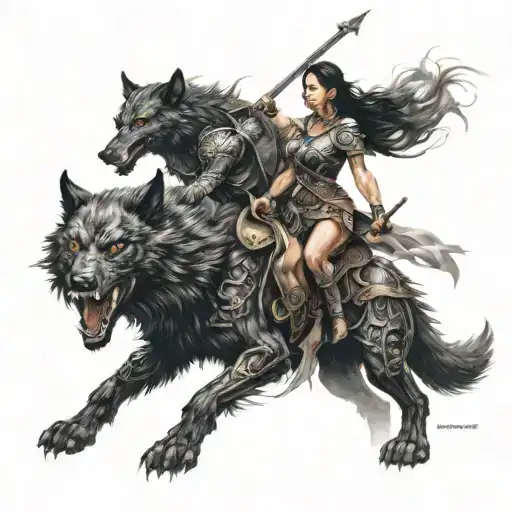 Female Warrior Walking With Her Black Wolf And Her Fantasy Dragon Flaying Above