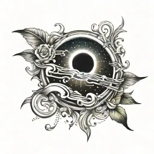 Solar Eclipse With Music Notes Around It And Water