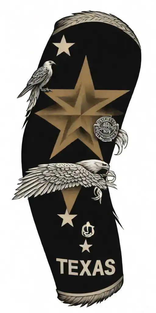 State Of Texas Flag With Police Badge And 10 Individual Feathers Hanging And Harley-davidson Logo